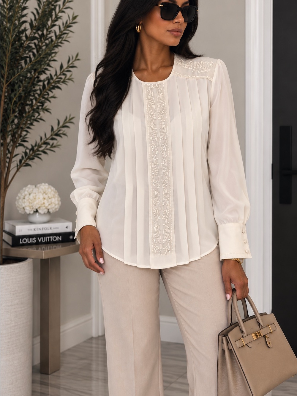 Elegant Cream Pleated Blouse with Embroidered Front